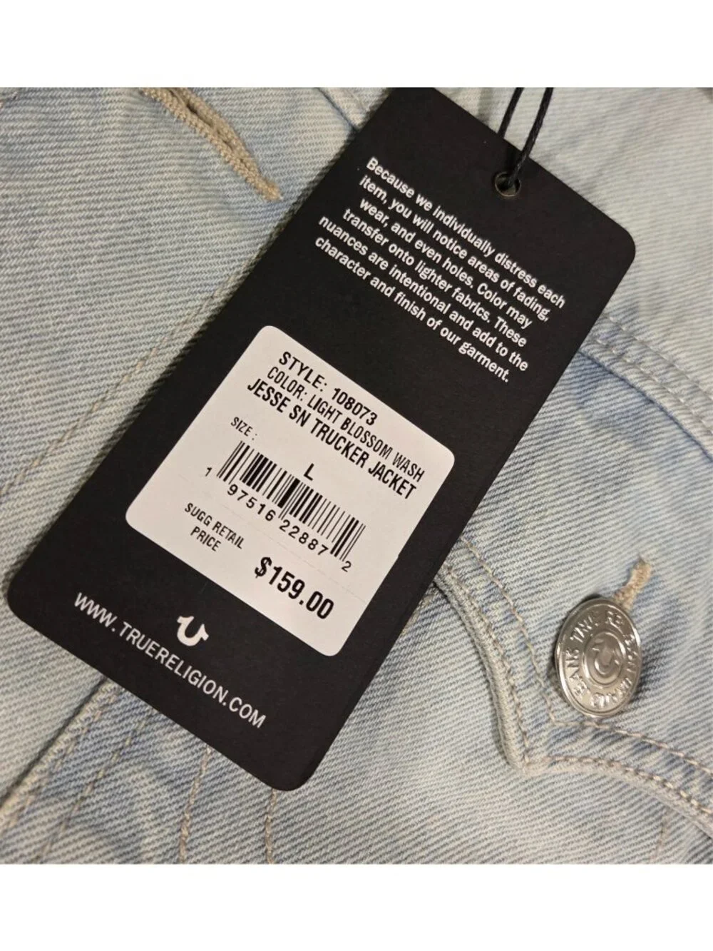 New! True Religion Trucker Jacket Mens Size L Jesse SN Light Wash Denim Cotton